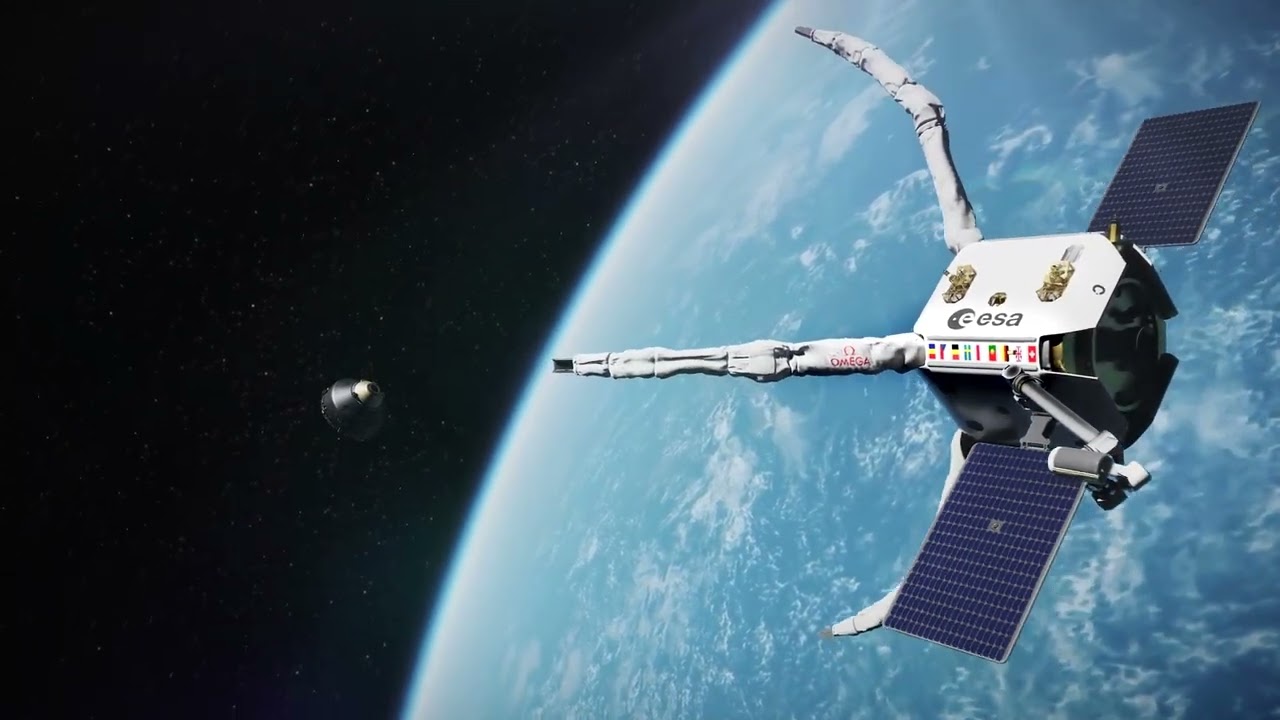 An artist's rendition of the ClearSpace-1 servicer approaching the space debris object during the ClearSpace-1 mission.