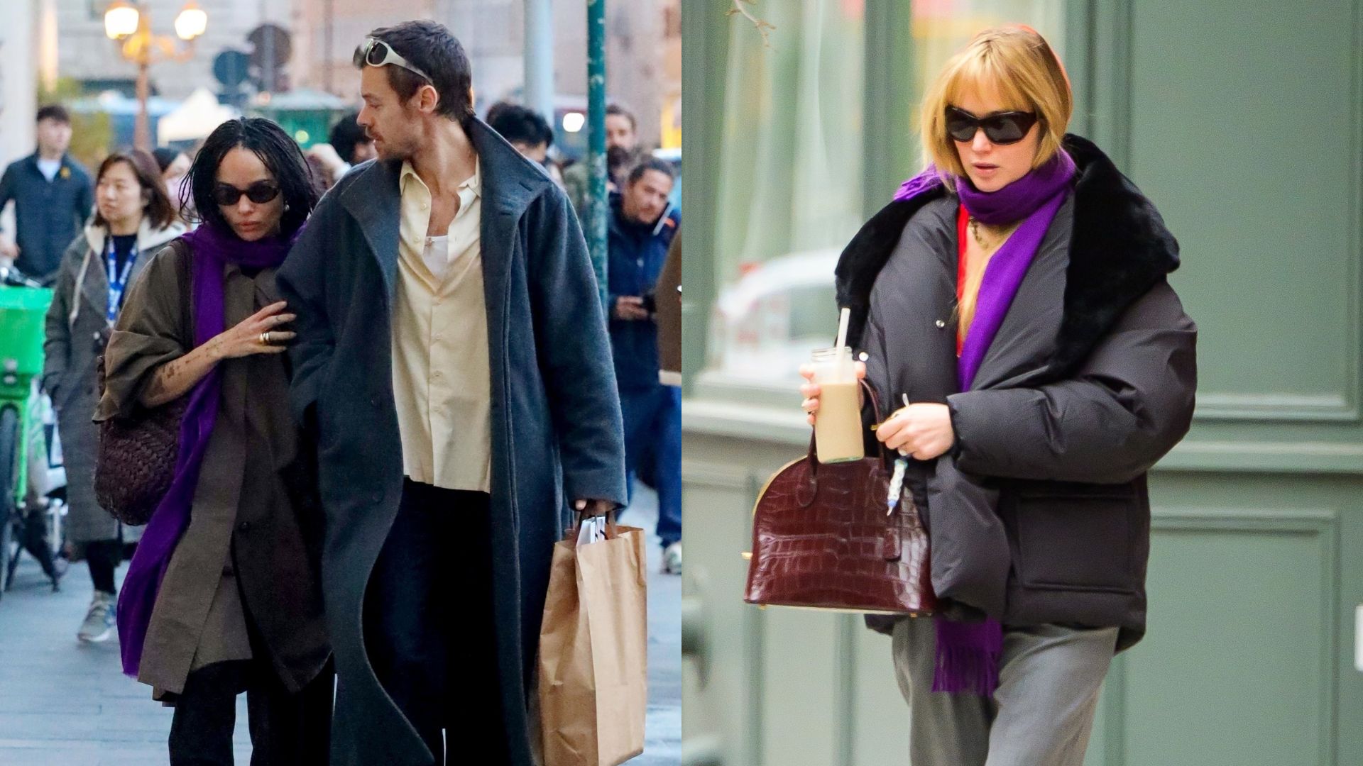 Collage of Zoe Kravitz wearing purple scarves.