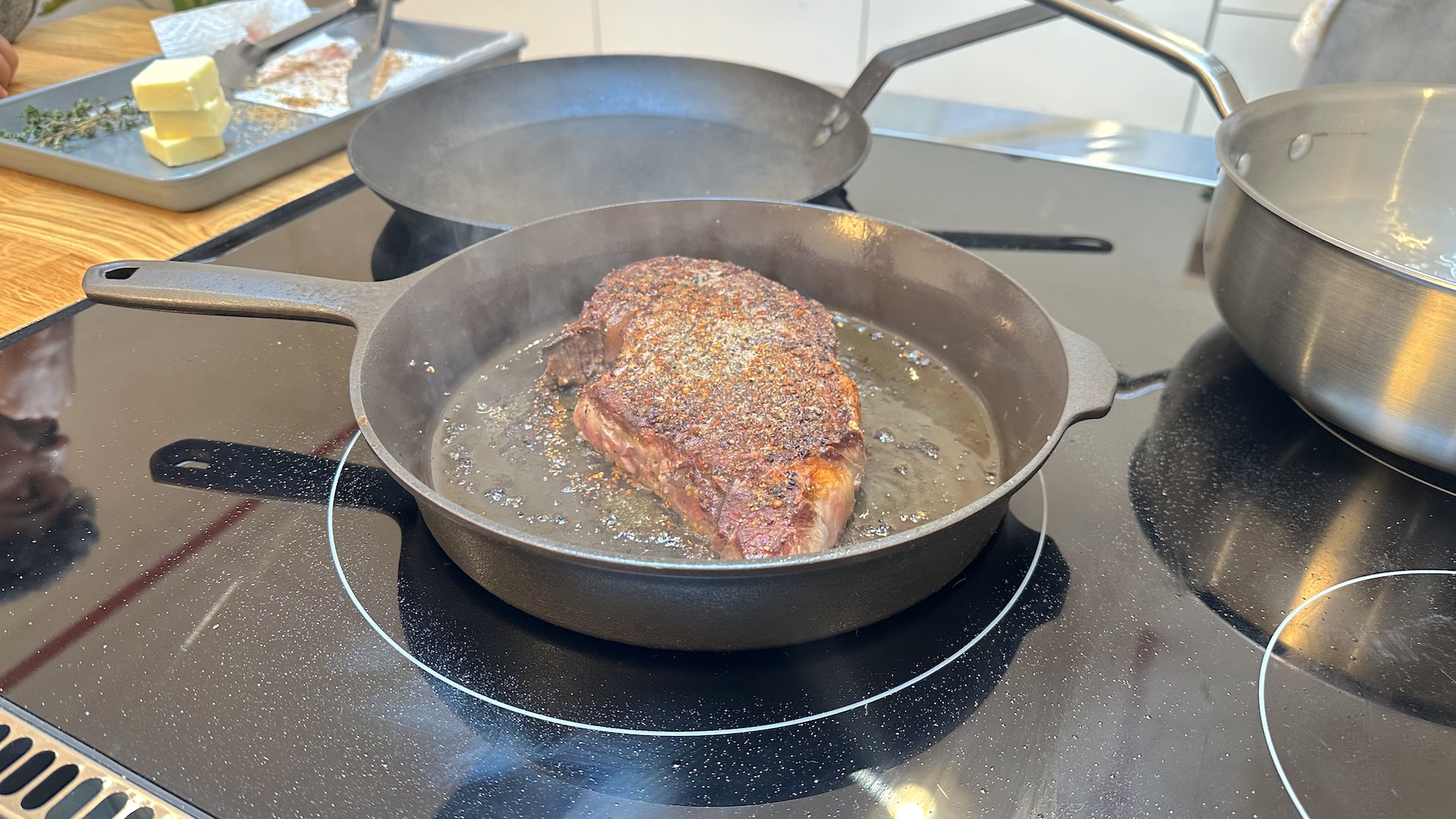 Steak cooking on Electra stove