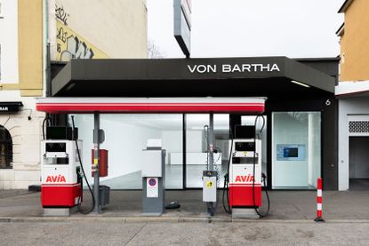 Exterior view of von Bartha home in Basel , a former car garage with petrol pump station
