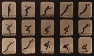 Muybridge Human Locomotion, Man Leaping, 1881. Photograph shows 15 consecutive images of a man leaping. Eadweard James Muybridge (April 9, 1830 - May 8, 1904) was an English photographer important for his pioneering work in photographic studies of motion