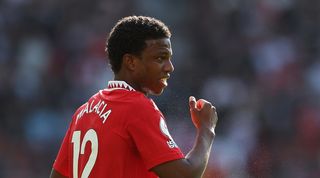Tyrell Malacia of Manchester United during the Premier League match between Manchester United and Fulham FC at Old Trafford on May 28, 2023 in Manchester, England.