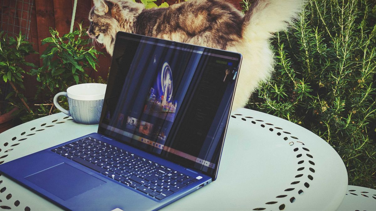 A Dell 16 Plus 2-in-1 laptop on a blue garden table
