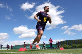 Luke Shaw of England runs during a training session at Spa & Golf Resort Weimarer Land on June 18, 2024 in Blankenhain, Germany. (Photo by Eddie Keogh - The FA/The FA via Getty Images)