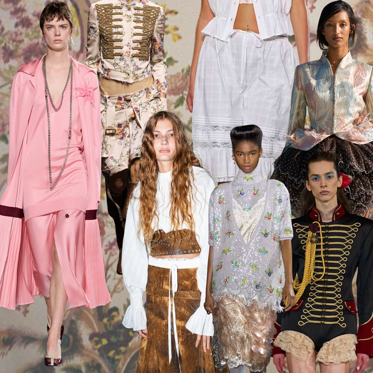 Collage depicting nostalgic trends in 2026, including Marie Antoinette, The Great Gatsby and runway images from Ann Demeulemeester, McQueen, Chloe, Rabanne