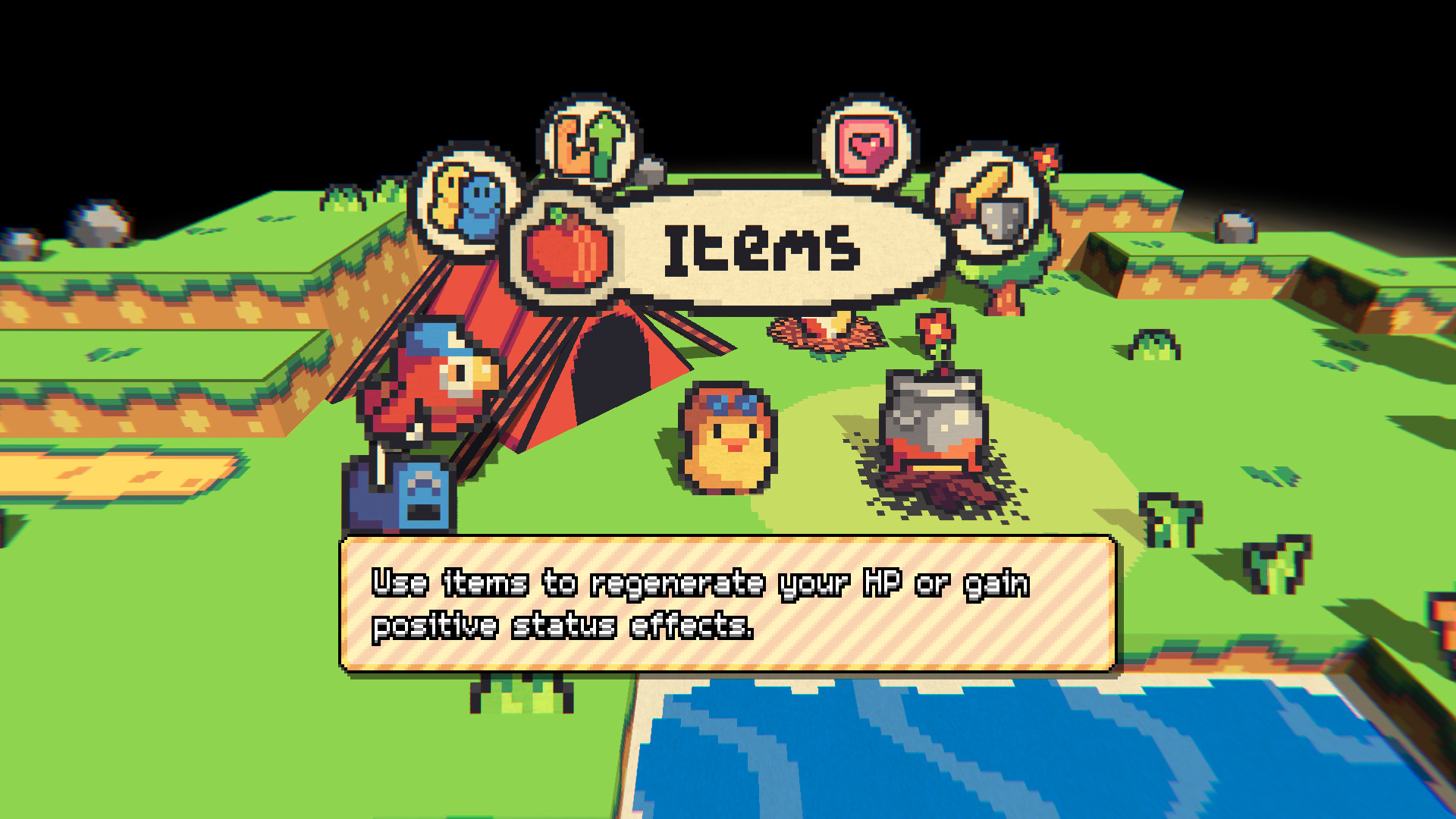 inventory/level up menu in between levels, with chick character pondering an items screen