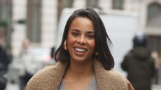 Rochelle Humes wearing shearling jacket on February 07, 2024 in London, England