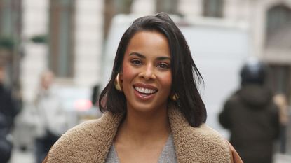 Rochelle Humes wearing shearling jacket on February 07, 2024 in London, England