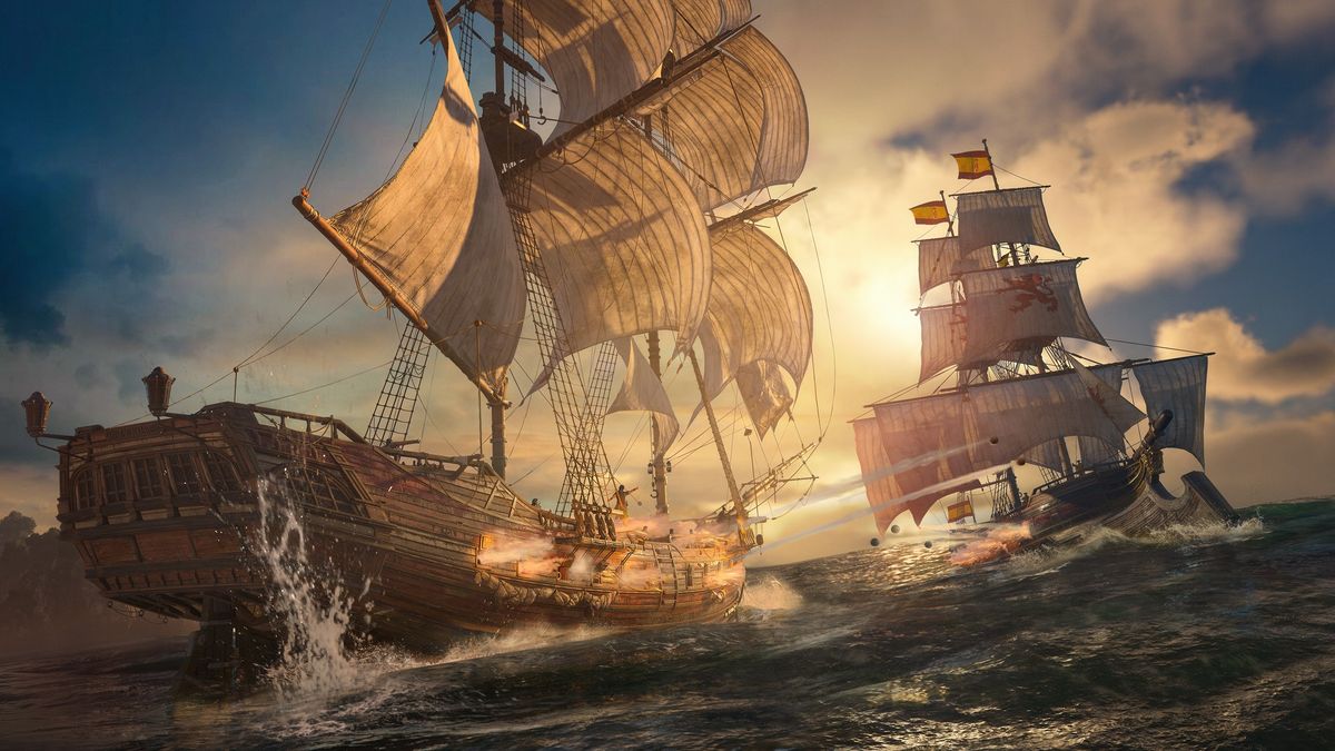 Two naval ships engage in combat at sea in Assassin's Creed Black Flag Resynced