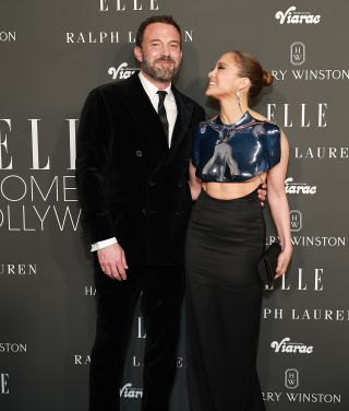 Jennifer Lopez and Ben Affleck laughing on the red carpet at Elle event.