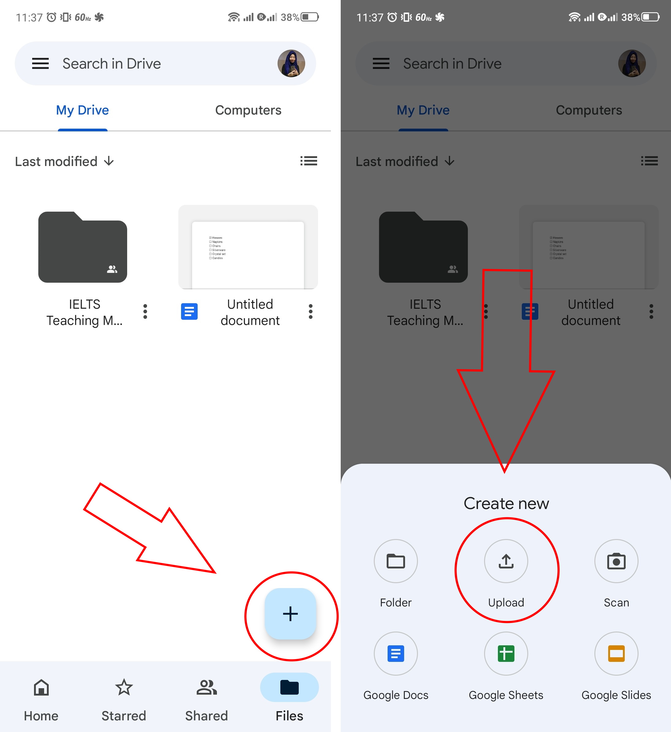 Steps to upload files to Google Drive for Android