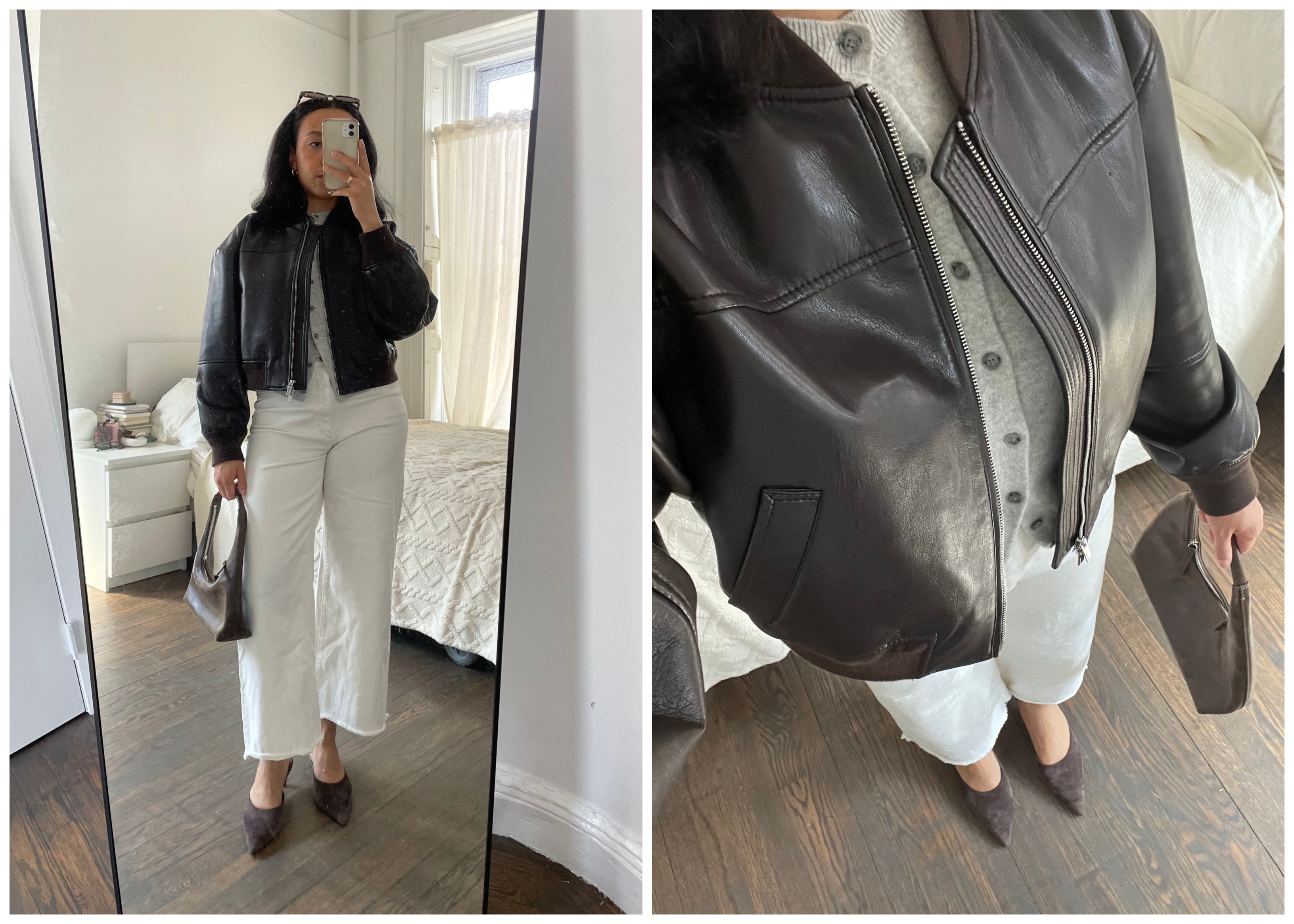 Lauren Tappan wearing a leather jacket and jeans