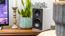 ELAC ConneX DCB61 speaker on a desk next to a monitor and a pot plant