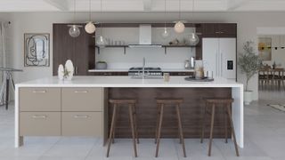 white and grey kitchen island with seating