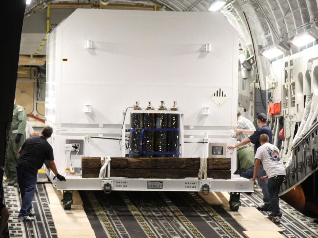 NASA&#039;s next Mars rover, known as Curiosity, landed at Kennedy Space Center in Florida on June 22, 2011, aboard a U.S. Air Force C-17 transport plane.