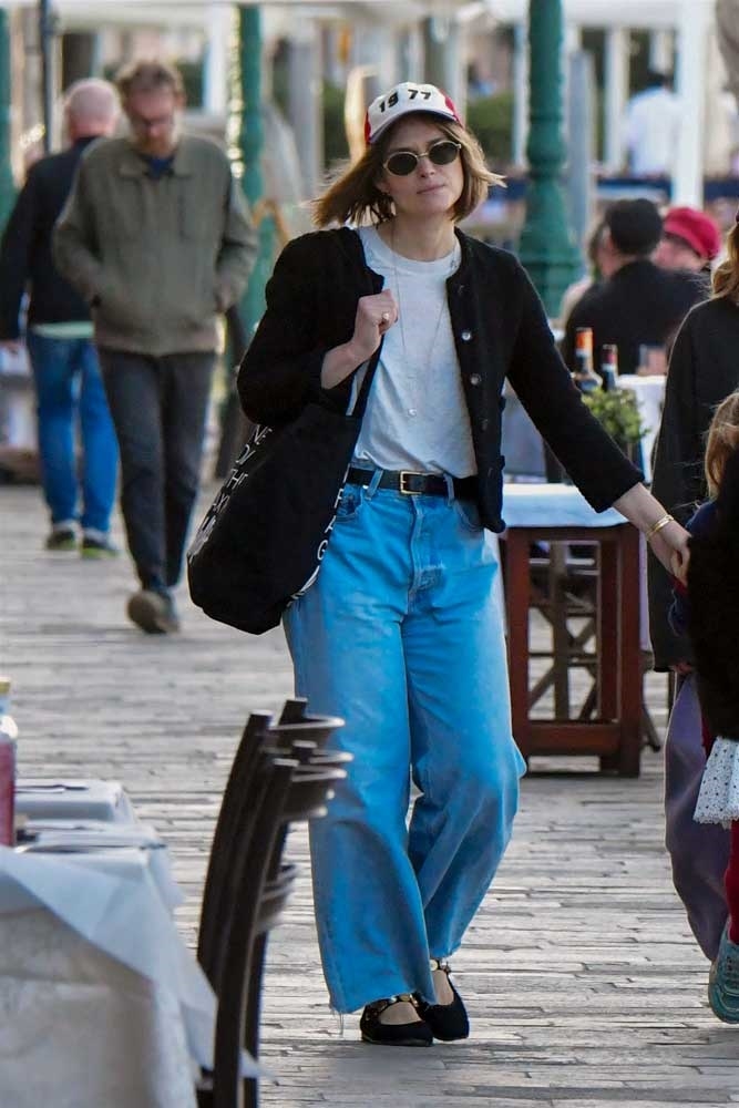 Keira Knightley wears velvet Mary Jane flats in Venice, Italy