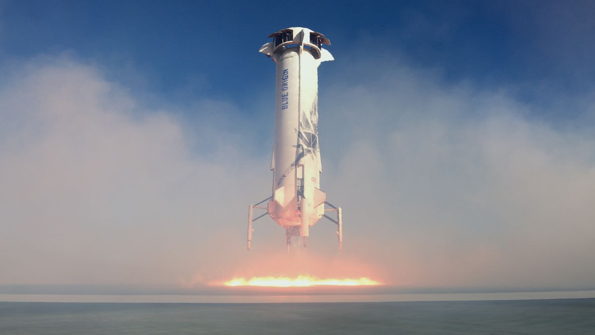 Blue Origin&#039;s New Shepard rocket booster approaches landing after successfully launching the company&#039;s eleventh mission, NS-11, from West Texas on May 2, 2019.