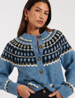 Blue Fair Isle Wool Blend Knitted Cardigan