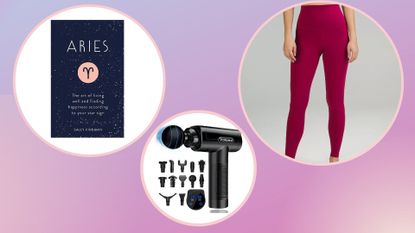collage image showing three of the best gifts for Aries, including lululemon leggings, an Aries book and a massage gun