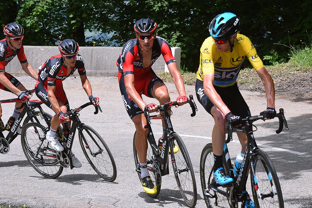 Chris Froome (Sky) checks his rivals on stage 6 of the Criterium du Dauphine