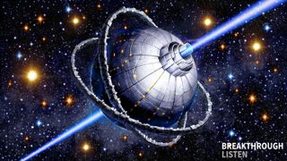 An illustration of a metallic, orblike alien craft blasting twin beams of blue light into space