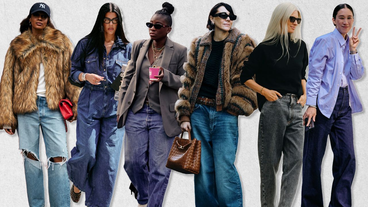 A collage of six women wearing wide leg jeans