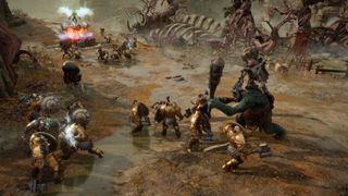 A battle raging between Stormcast Eternals and Orruk Kruleboyz in Warhammer Age of Sigmar: Realms of Ruin.