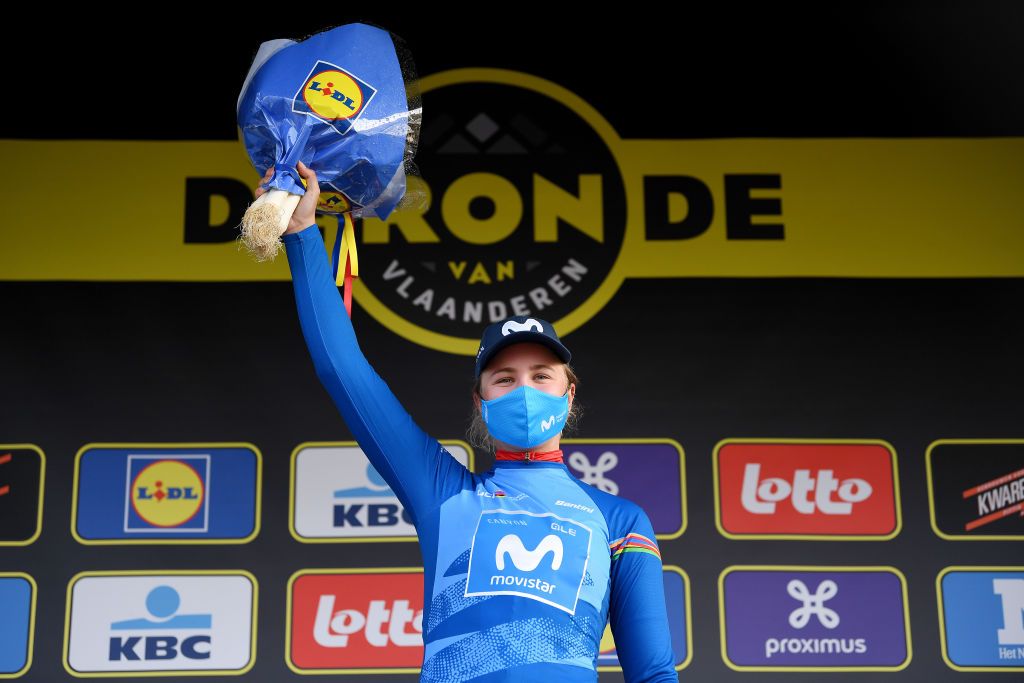 OUDENAARDE BELGIUM APRIL 04 Podium Emma Norsgaard Jorgensen of Denmark and Movistar Team Women Blue best young UCI jersey Celebration during the 18th Ronde van Vlaanderen Tour of Flanders 2021 Womens Elite a 1524km race frim Oudenaarde to Oudenaarde Mask Flowers RVV21 rondevanvlaanderen tourofflanders UCIWWT on April 04 2021 in Oudenaarde Belgium Photo by Tim de WaeleGetty Images