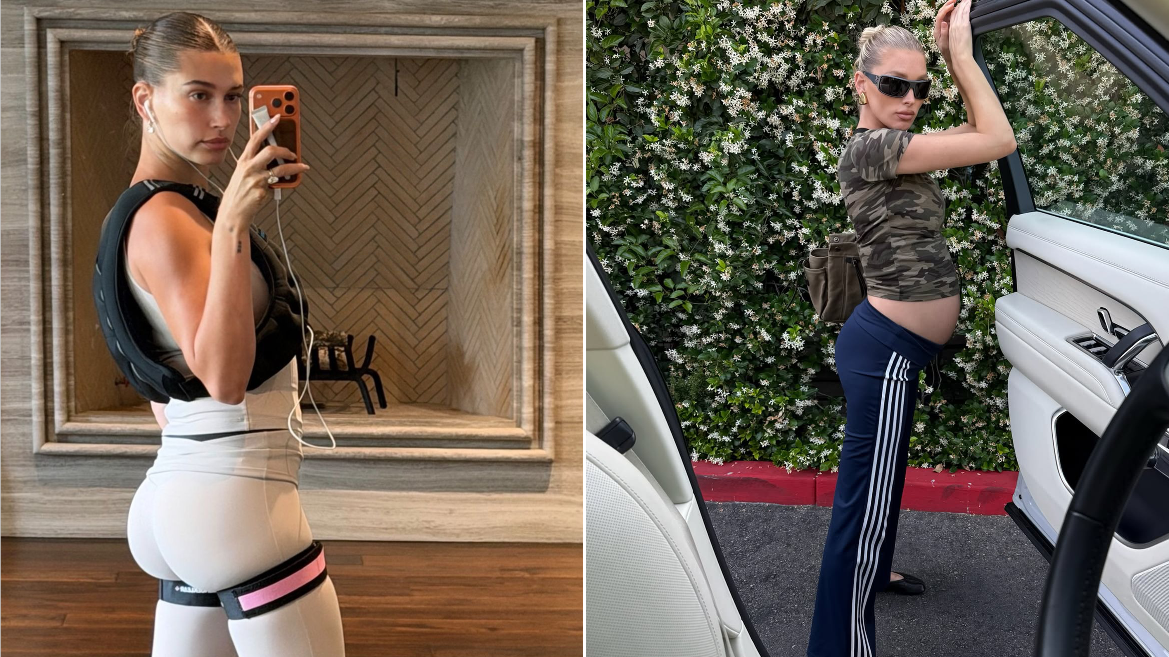 Elsa Hosk and Hailey Bieber wearing fold-over leggings.