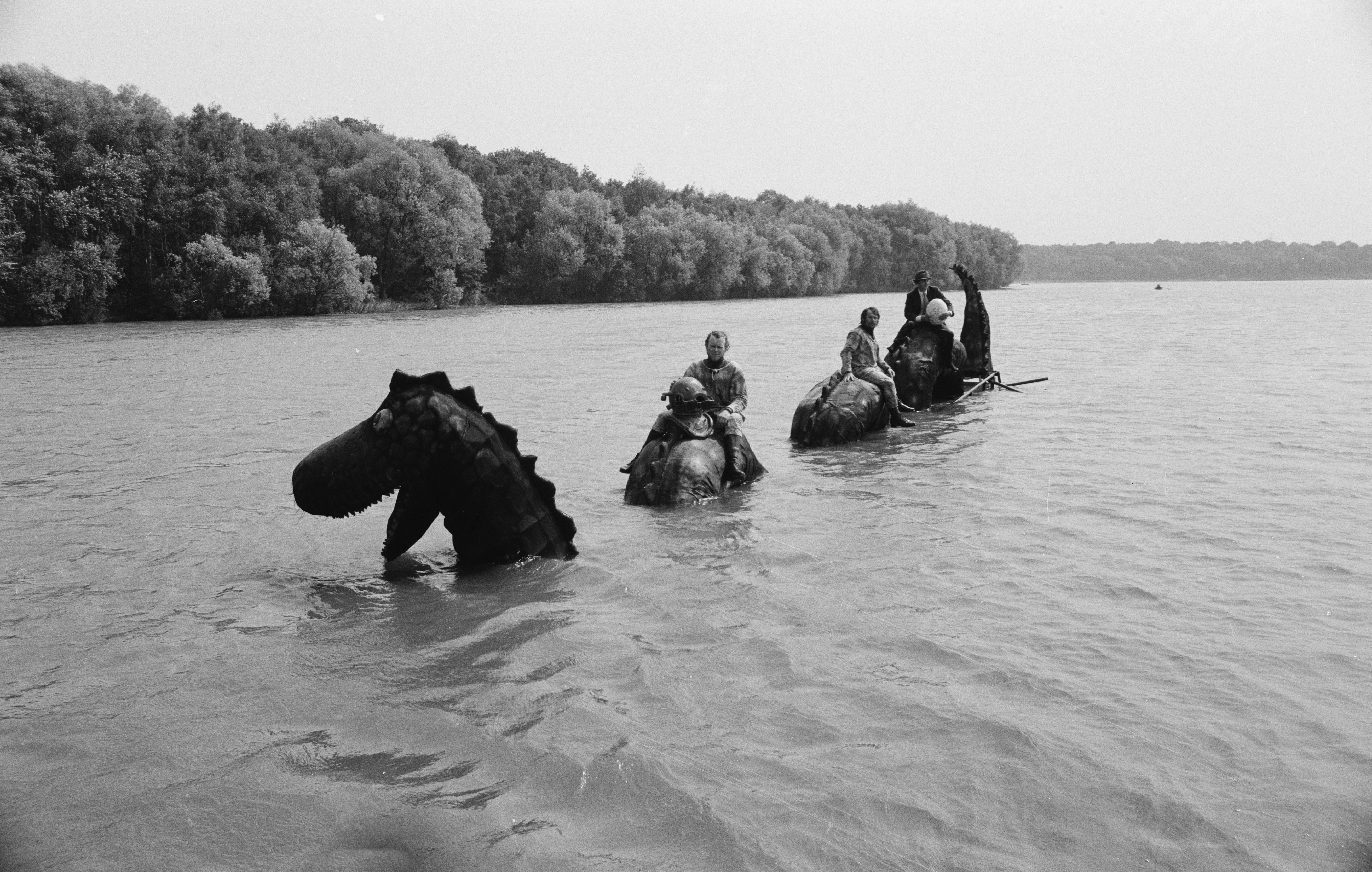 Graeme Garden, Bill Oddie and Tim Brooke-Taylor filming an outdoor Loch Ness Monster sketch for episode 'Scotland' of the BBC television series 'The Goodies'