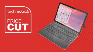 Lenovo Duet 11 Chromebook on red background with TechRadar price cut sign