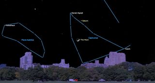 An illustration of the night sky on Monday (Nov. 28) depicting the conjunction of Saturn and a young crescent moon.