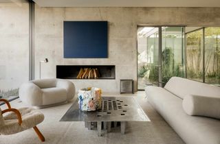 Seating area with fireplace at Austin house by Studio DuBois and Elizabeth Stanley design.