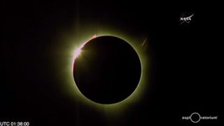 The total solar eclipse of 2016 reaches totality in this still image from a NASA webcast on March 8, 2016 from Woleai Island in Micronesia, where it was March 9 local time during the eclipse.