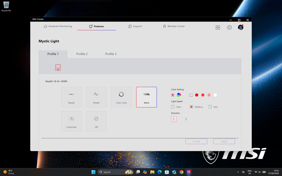 MSI Center software running on an MSI Stealth 16 AI+ gaming laptop.