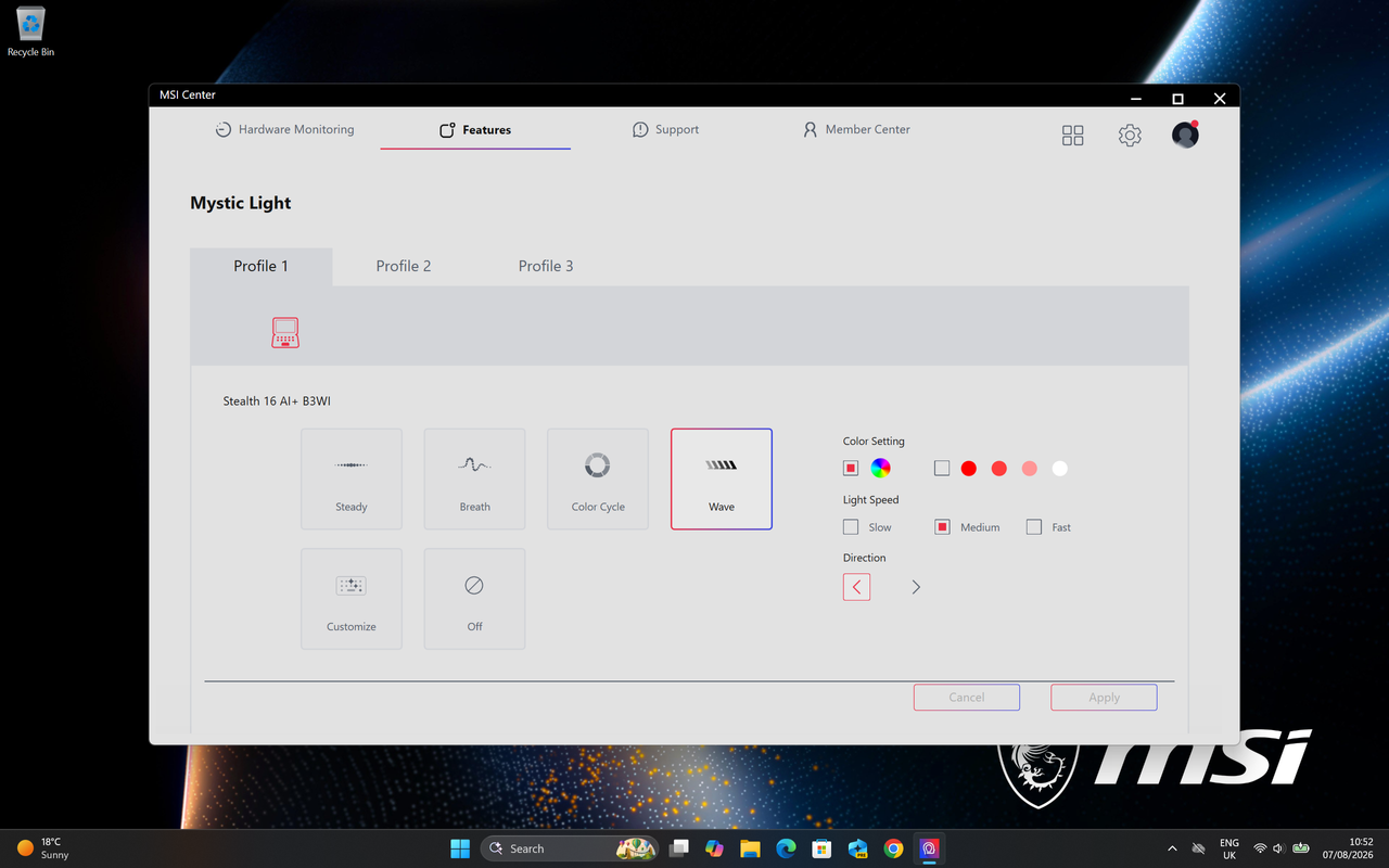 MSI Center software running on an MSI Stealth 16 AI+ gaming laptop.