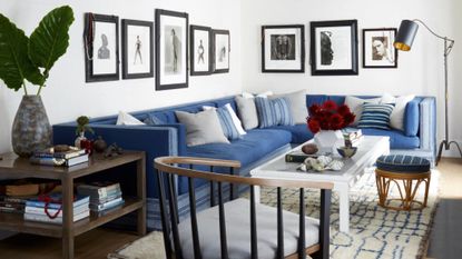 living room with white walls and large blue sofa