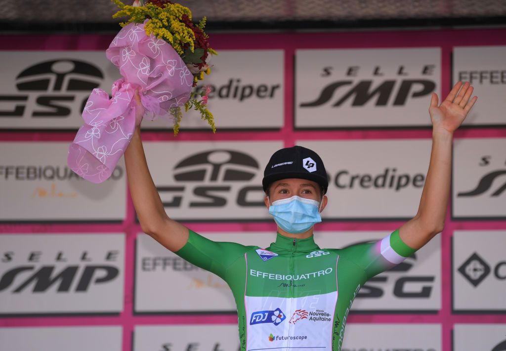 SANMARCOLACATOLA ITALY SEPTEMBER 18 Start Cecilie Uttrup Ludwig of Denmark and Team FDJ Nouvelle Aquitaine Futuroscope Green Mountain Jersey Celebration Mask Flowers Covid safety measures during the 31st Giro dItalia Internazionale Femminile 2020 Stage 8 a 915km stage from Castelnuovo della Daunia to San Marco la Catola 640m GiroRosaIccrea GiroRosa on September 18 2020 in San Marco la Catola Italy Photo by Luc ClaessenGetty Images