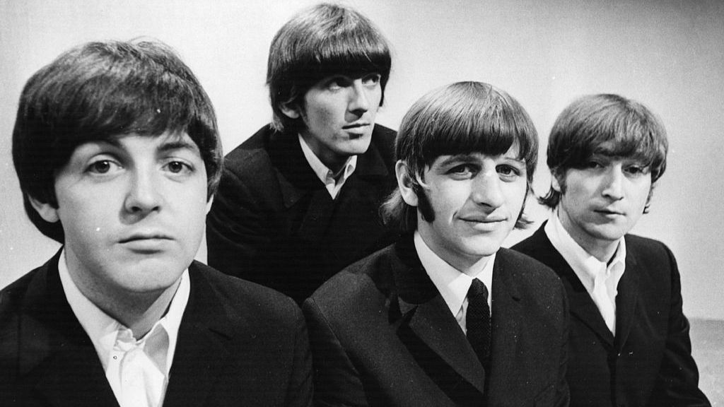 The Beatles (L-R) Paul McCartney, George Harrison (1943 - 2001), Ringo Starr and John Lennon (1940 - 1980) at the BBC Television Studios in London before the start of their world tour, June 17, 1966.