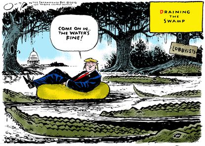 Political cartoon U.S. Donald Trump draining the swamp