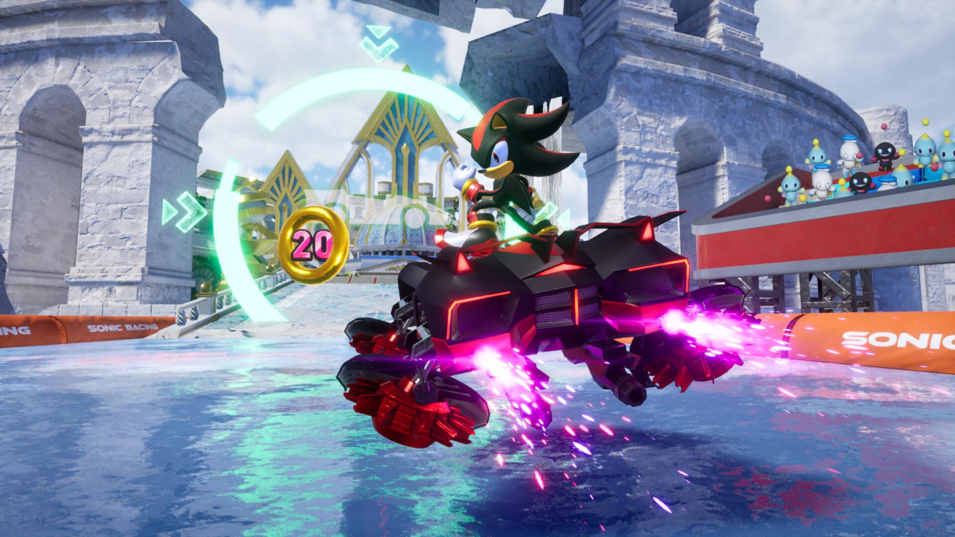Shadow poses in his monster truck car in Sonic Racing: CrossWorlds as it hovers across a body of water in the Water Palace track