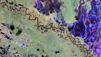 False-color satellite images of Earth taken by ESA's Biomass satellite