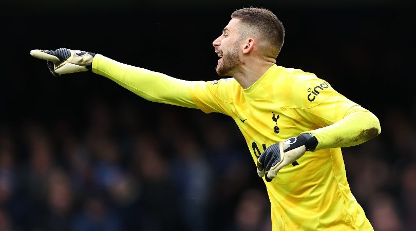 Tottenham goalkeeper Guglielmo Vicario gestures during Tottenham&#039;s Premier League game at Everton in February 2024.