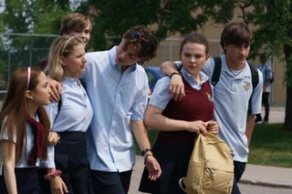 (L to R) Nicole Huff as Olivia, Alexandra Beaton as Hilary, Gage Alexander McIver Munroe as Peyton, Carson MacCormac as Young Dean, Chiara Aurelia as Young Ani, Isaac Kragten as Liam in Luckiest Girl Alive