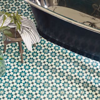green and blue toned patterned bathroom floor tile