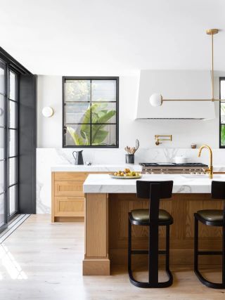 A kitchen design with a countertop that plays with depth