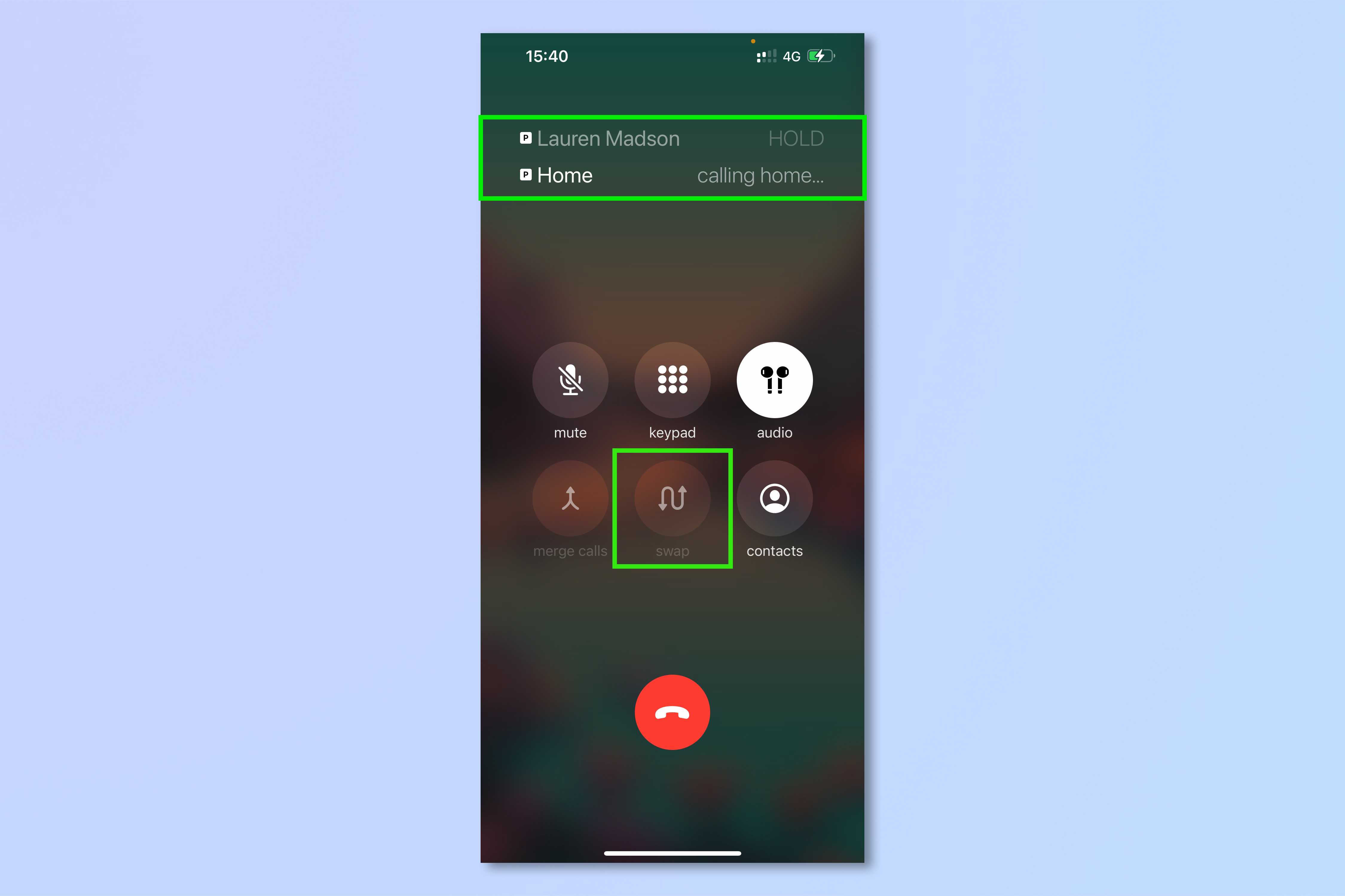 Screenshot showing how to put someone on hold on iPhone