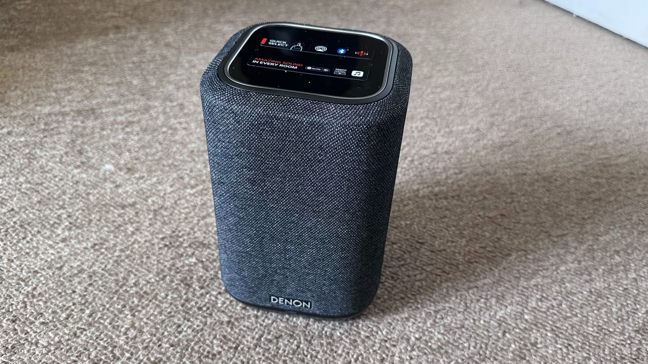 Denon Home 150 smart speaker on grey carpet