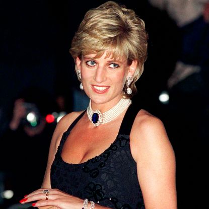 Princess Diana wearing a pearl choker and sequined dress