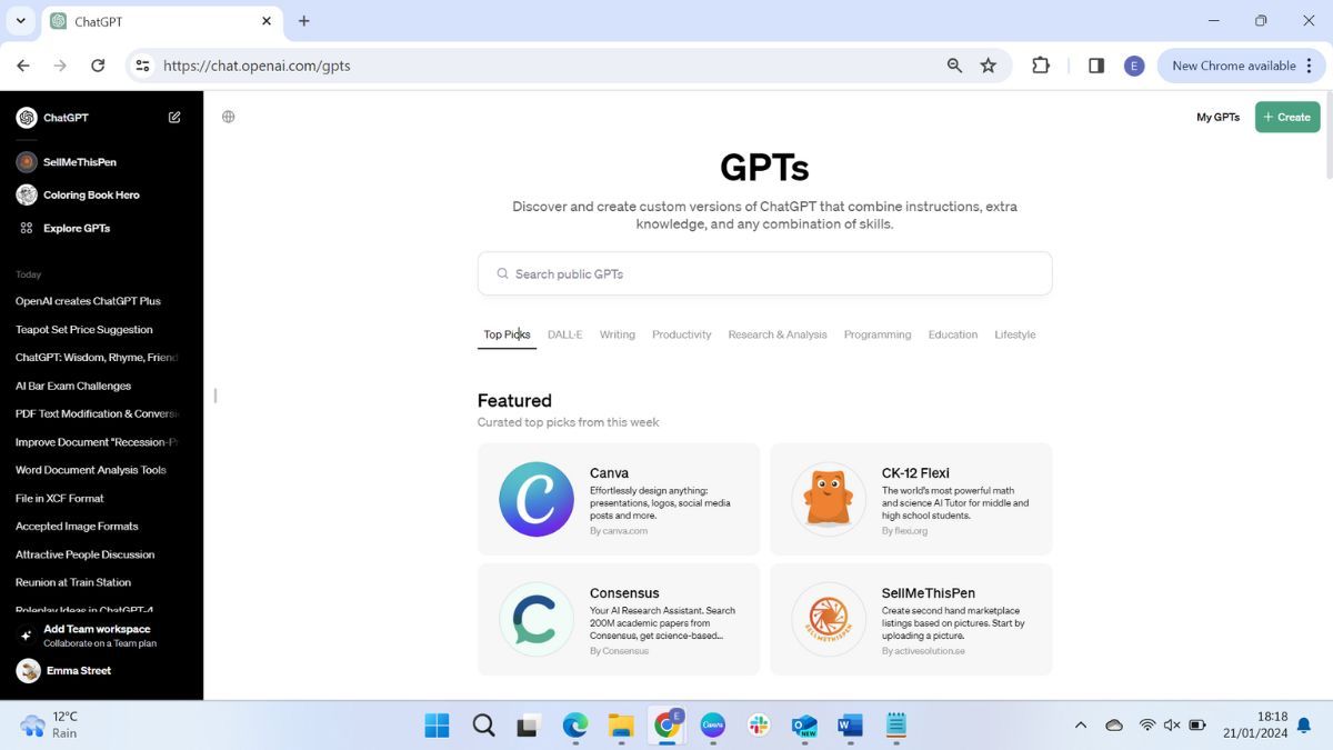 Screenshot showing the GPTs page of OpenAI's ChatGPT Plus